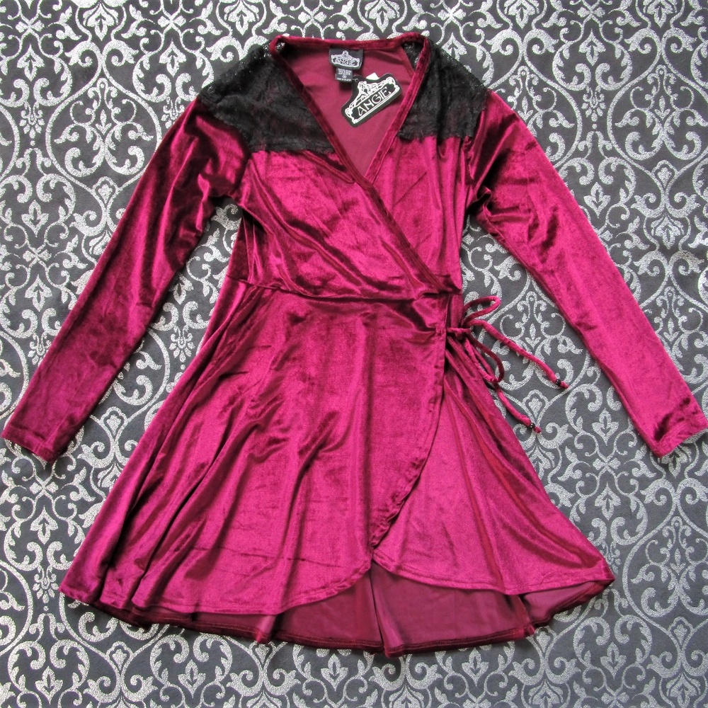 NWT Angie Red Wine Velvet Lace Faux Wrap Dress MED - Picture 3 of 8